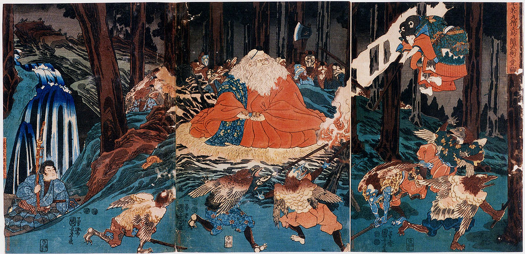 Ushiwakamaru sparring with tengu. By Utagawa Kuniyoshi.